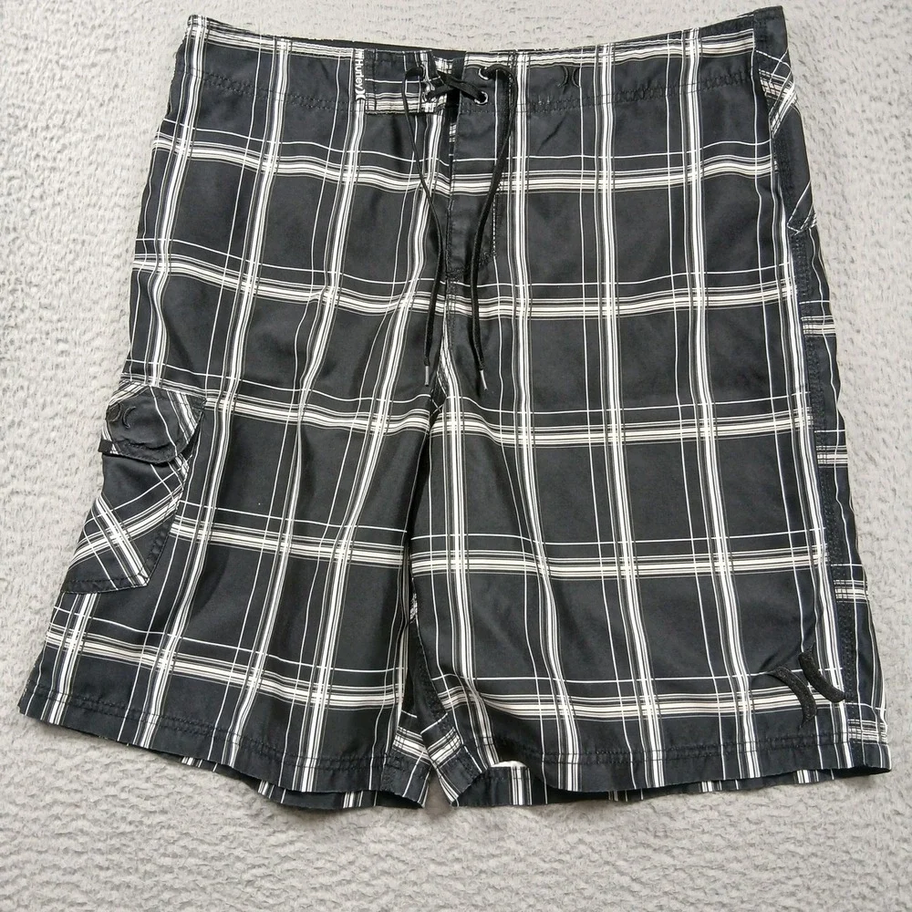 Hurley Boardshorts Mens 36‎ Black White Plaid Surf Swim